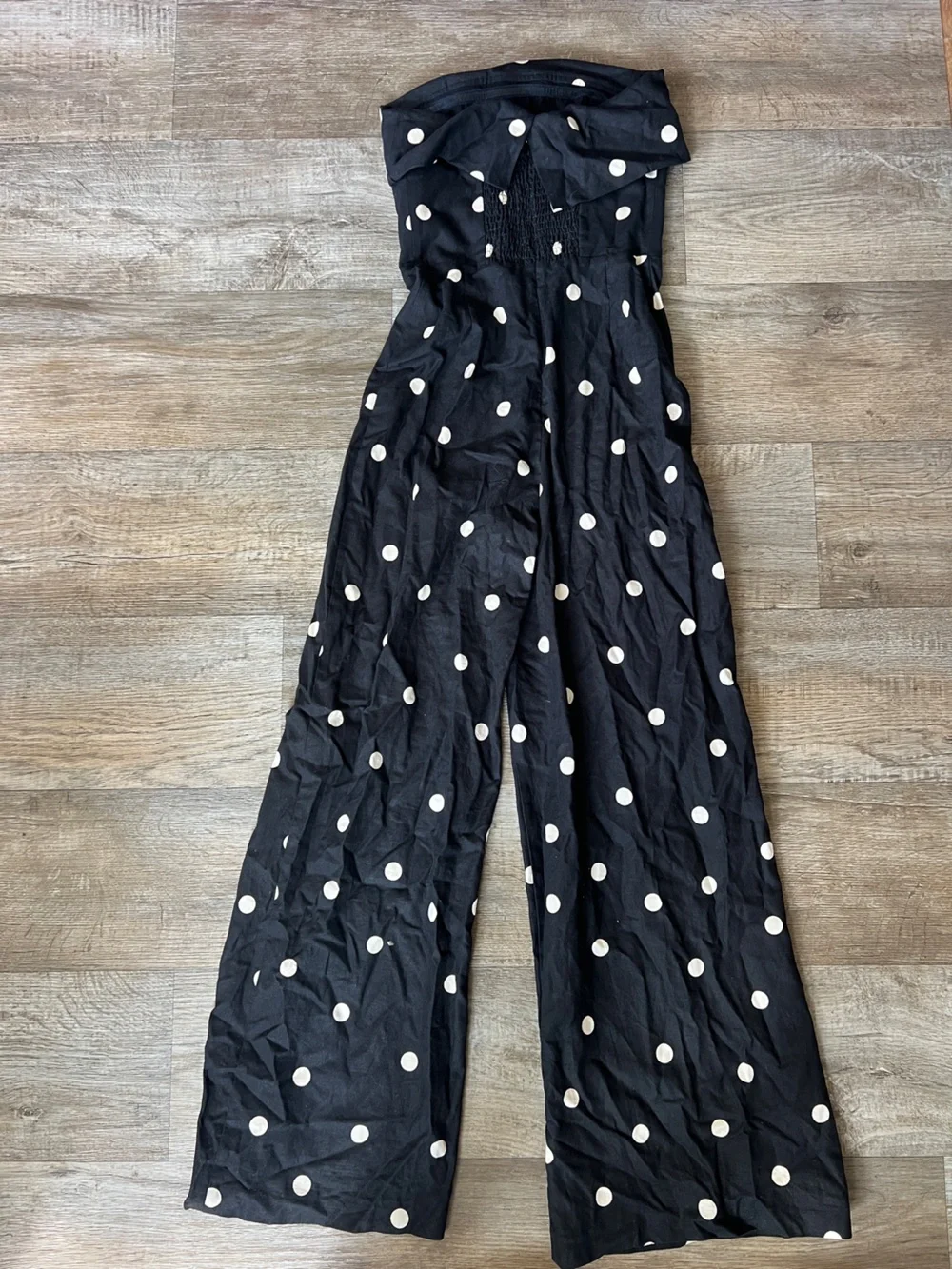 Sezane Editions Stella Linen Jumpsuit in Polka Dot Black Ecru